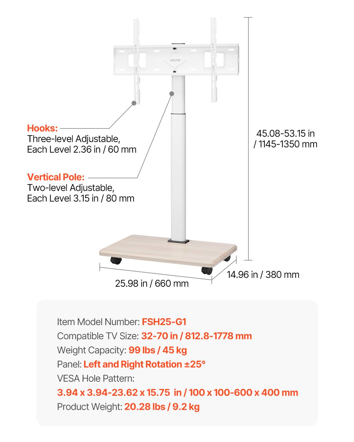 VEVOR Support TV à roulettes pour écrans 81-178cm, rotation 25°, hauteur réglable, charge 45kg, VESA 600x400mm. - Image 7
