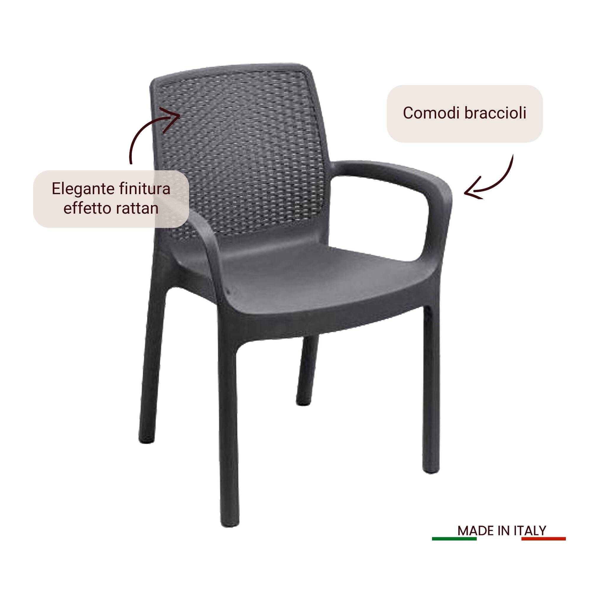 Dmora - Lot de 4 chaises d'extérieur Dnardin, Sièges de jardin, Chaise de table à manger, Fauteuil d'extérieur effet rotin, 54x60h82 cm, Anthracite - Dmora - Image 7