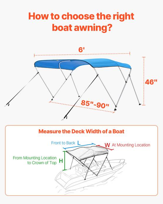 VEVOR Bimini bateau taud de soleil 3 arceaux 216-228 cm polyester Bleu Pacifique - Image 5