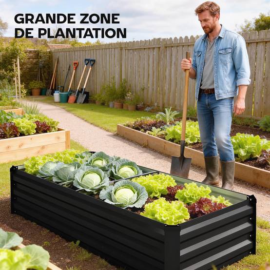 Jardinière rectangulaire potager de jardin en acier galvanisé bordure de sécurité et fond ouvert 150x70x30cm gris foncé - Image 6