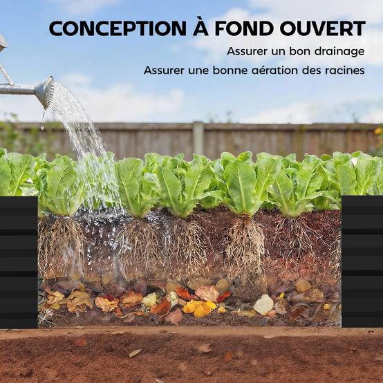 Jardinière rectangulaire potager de jardin en acier galvanisé bordure de sécurité et fond ouvert 150x70x30cm gris foncé - Image 7
