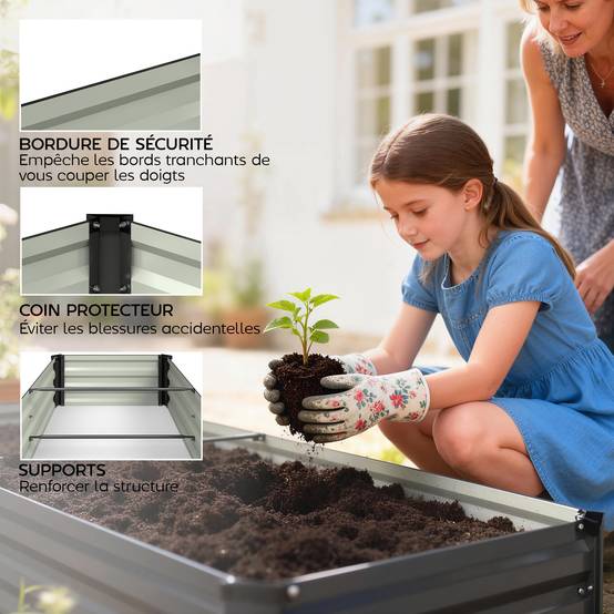 Jardinière rectangulaire potager de jardin en acier galvanisé bordure de sécurité et fond ouvert 150x70x30cm gris foncé - Image 8