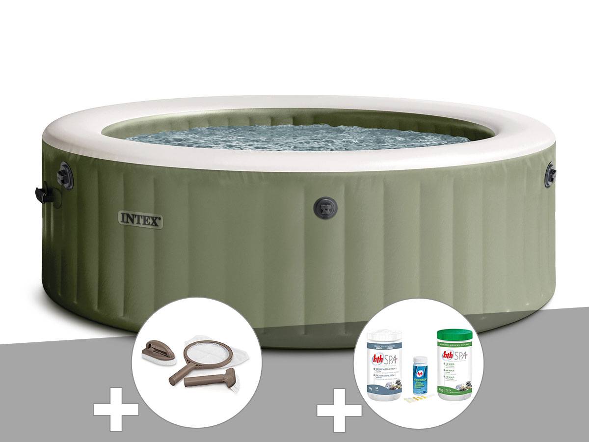 Kit spa gonflable Intex PureSpa Olive rond Bulles 4 places + Porte-verre + Kit de traitement brome
