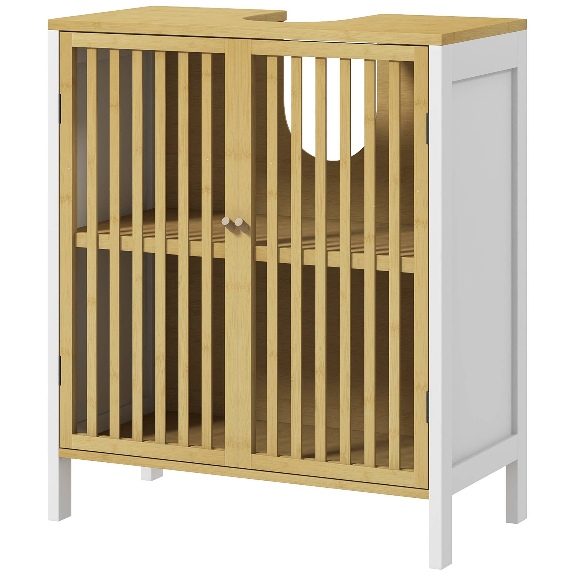 Sans Marque - Meuble sous vasque 2 portes étagère réglable armoire rangement lavabo 60x30x70 cm MDF bambou - Image 2