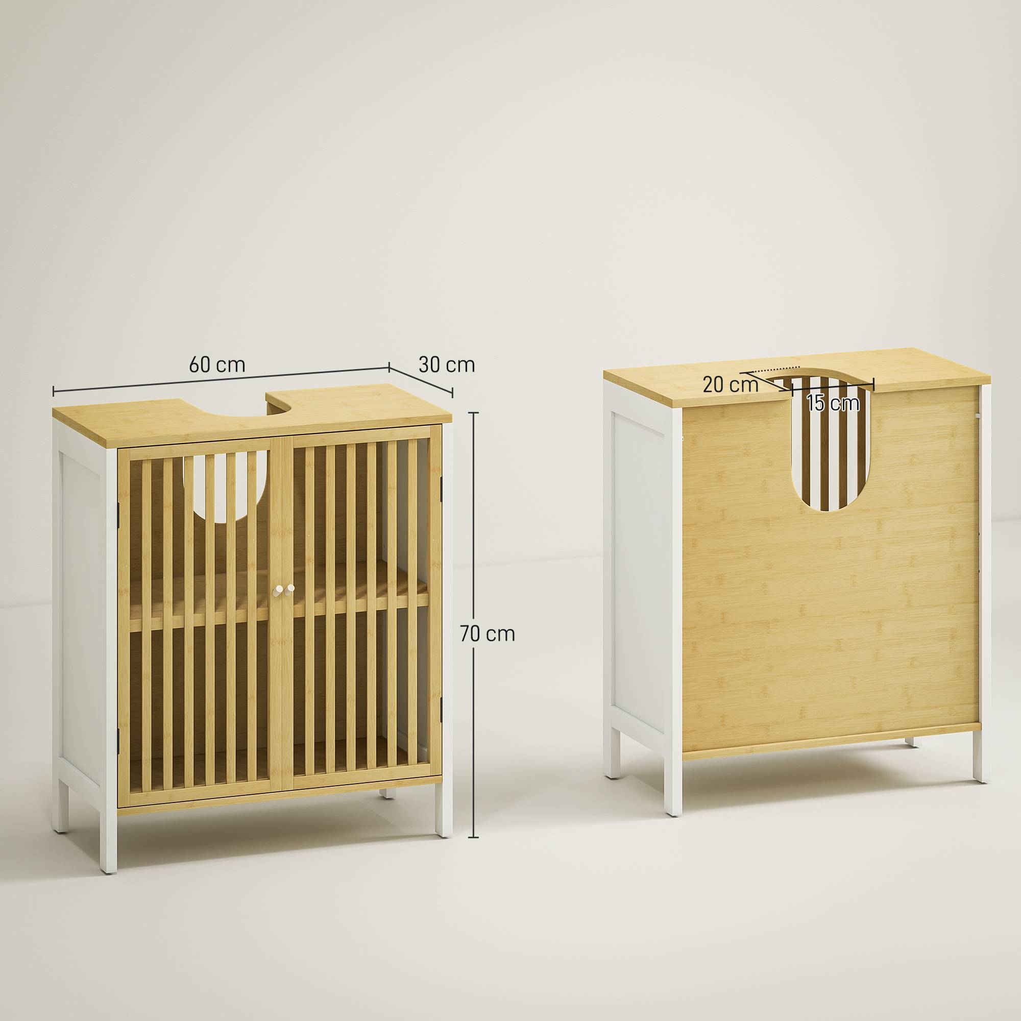 Sans Marque - Meuble sous vasque 2 portes étagère réglable armoire rangement lavabo 60x30x70 cm MDF bambou - Image 5