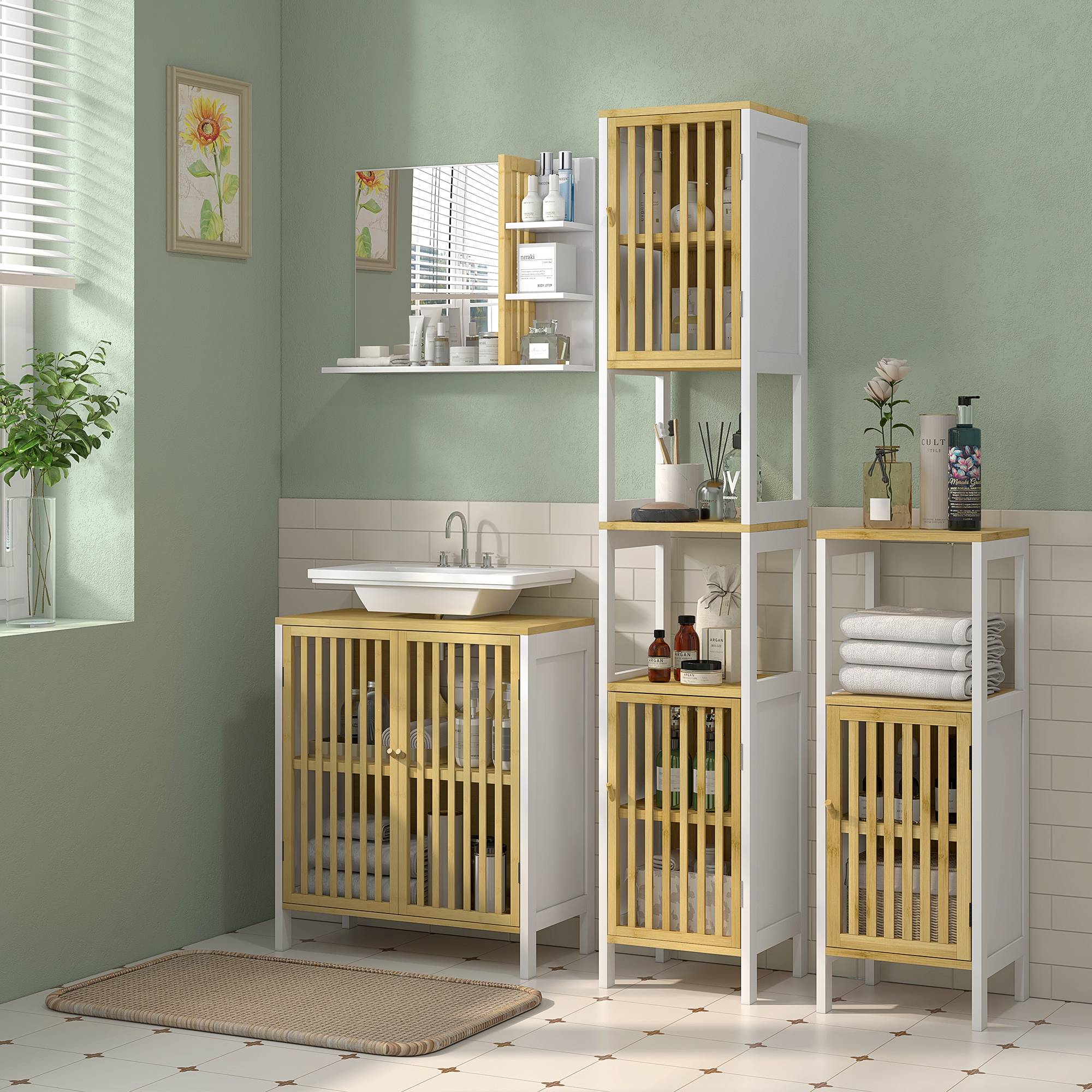 Sans Marque - Meuble sous vasque 2 portes étagère réglable armoire rangement lavabo 60x30x70 cm MDF bambou - Image 3