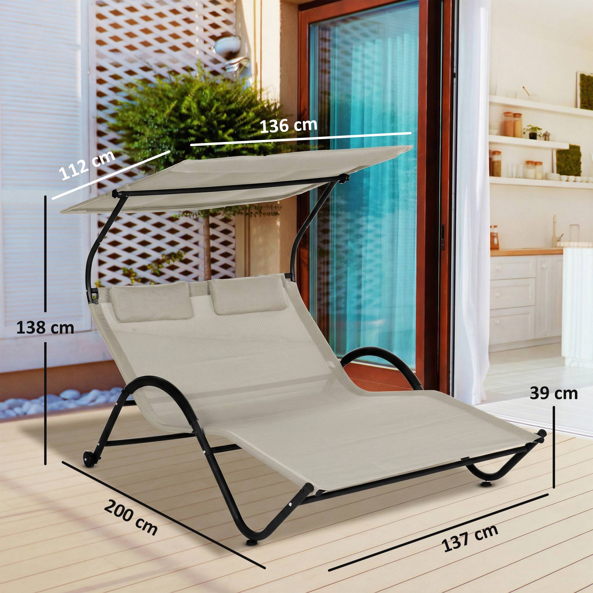 Chaise longue bain de soleil transat avec auvent et roulettes en acier et polyester crème fr47 - Image 5