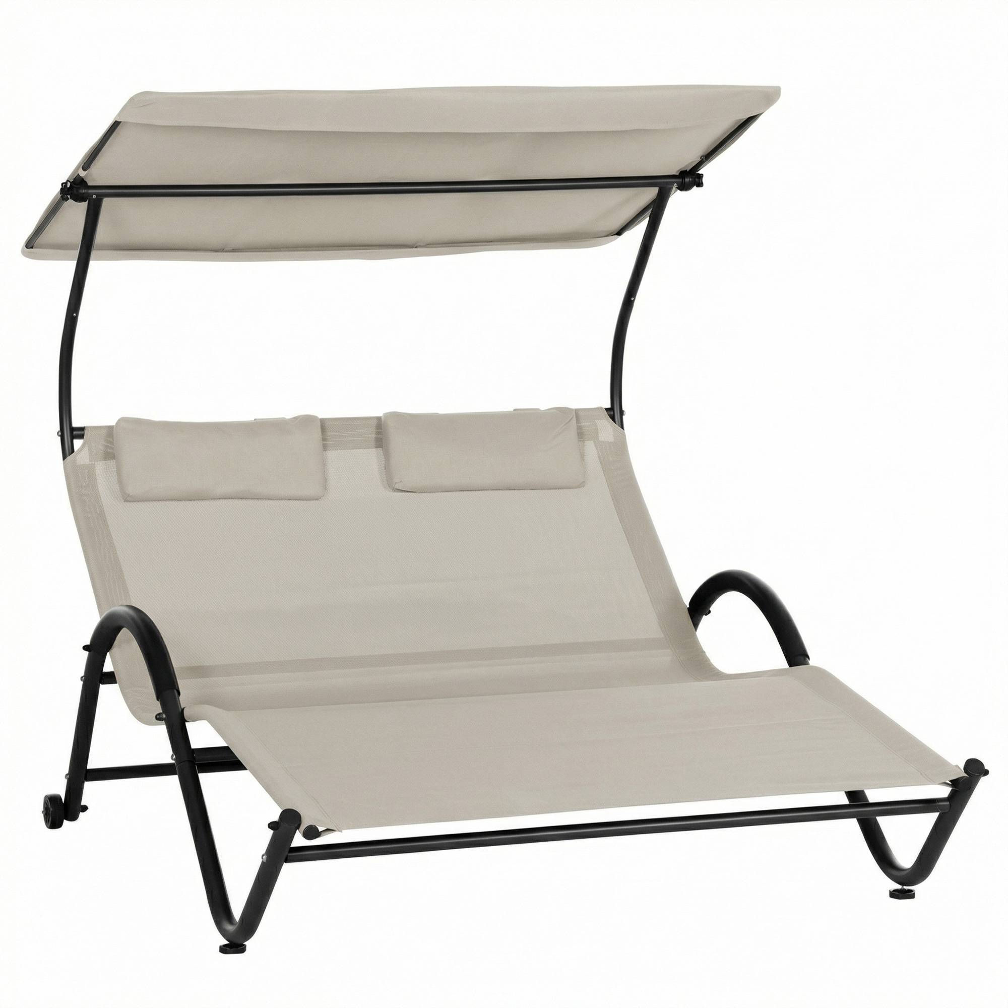 Chaise longue bain de soleil transat avec auvent et roulettes en acier et polyester crème fr47 - Image 2