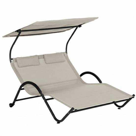 Chaise longue bain de soleil transat avec auvent et roulettes en acier et polyester crème fr47 - Image 1