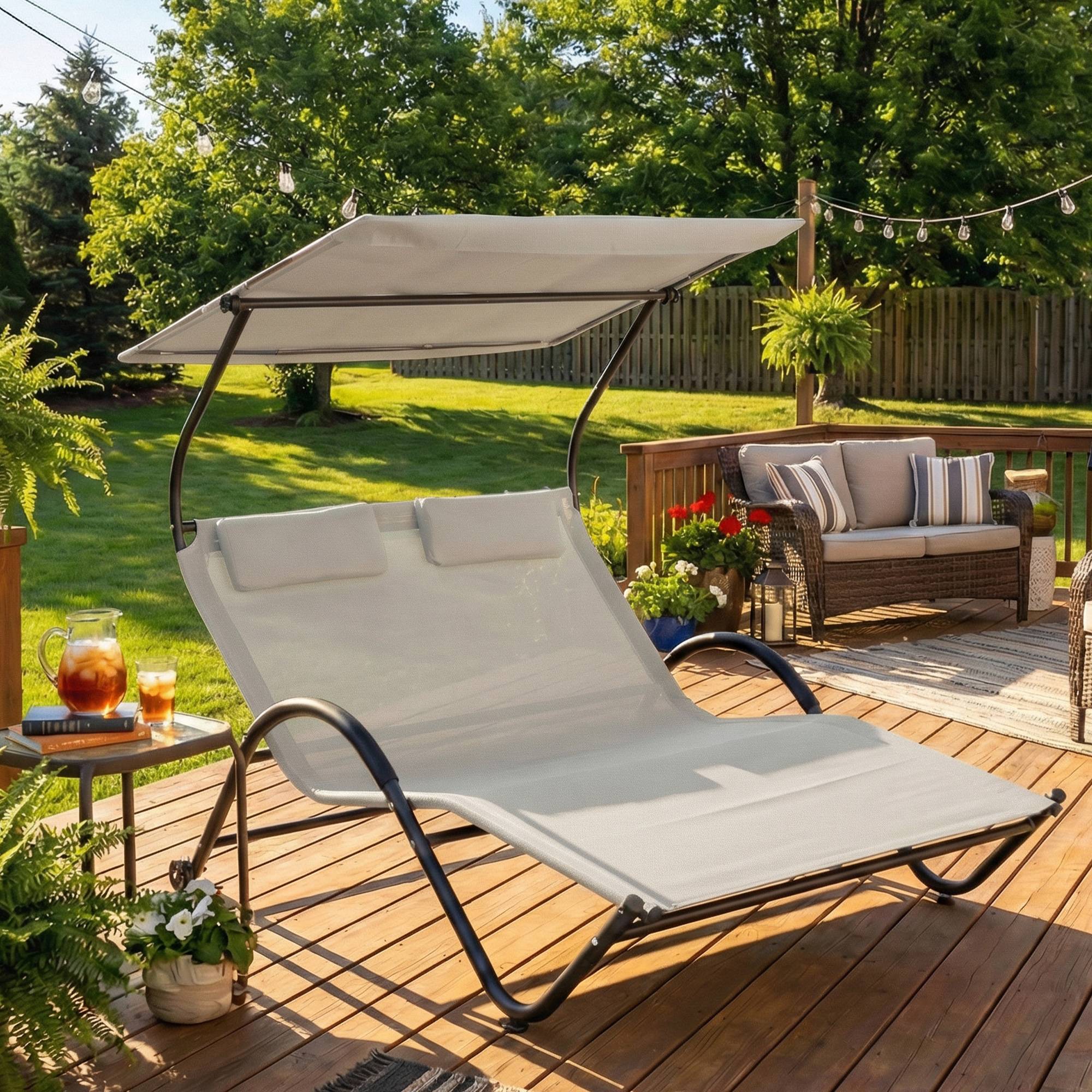 Chaise longue bain de soleil transat avec auvent et roulettes en acier et polyester crème fr47 - Image 3