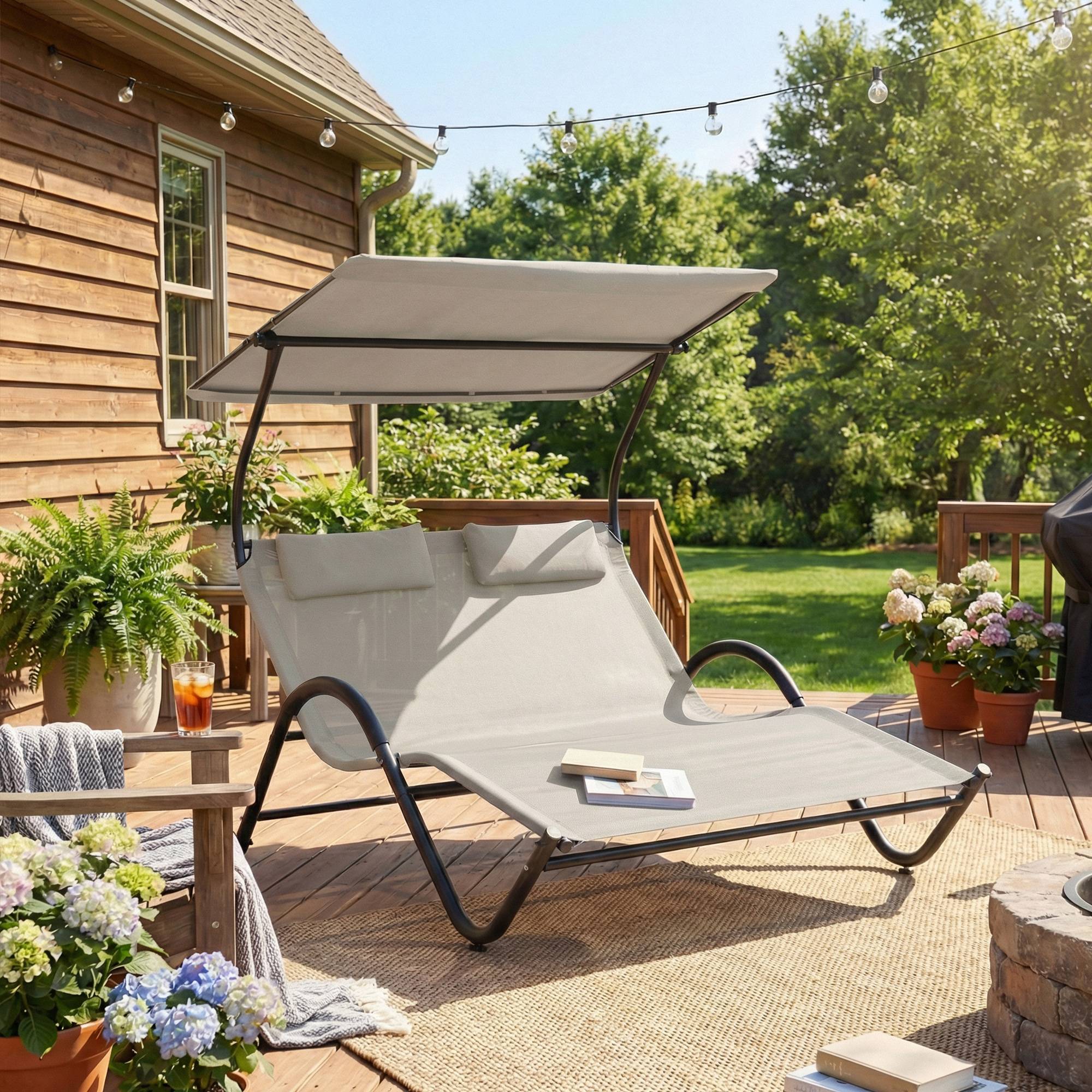 Chaise longue bain de soleil transat avec auvent et roulettes en acier et polyester crème fr47 - Image 4
