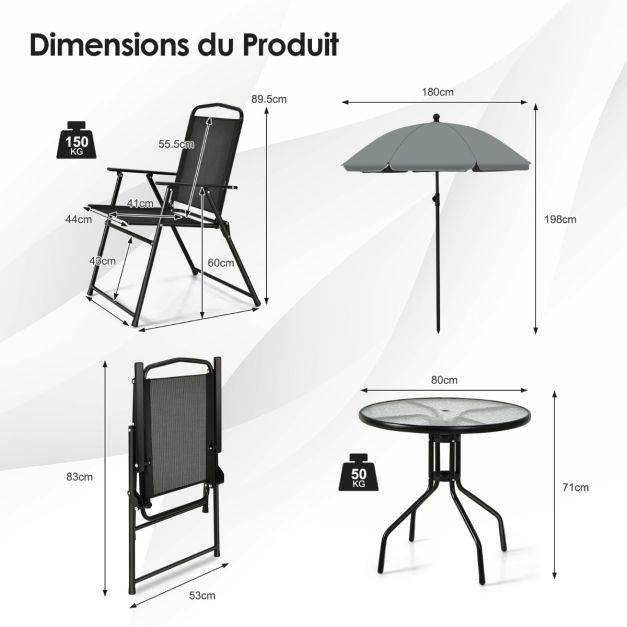 Ensemble salon de jardin 6 pcs 4 chaises pliantes table basse en verre et parasol pour terrasse piscine cour noir - Image 2