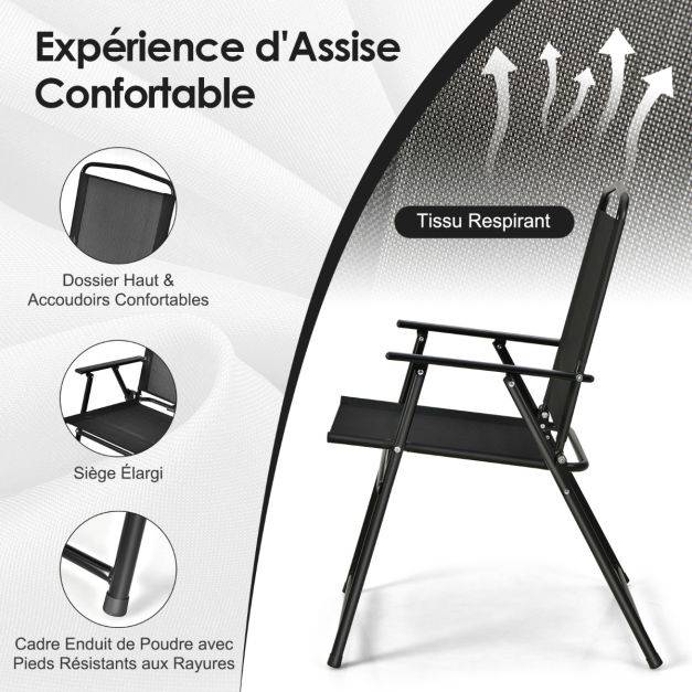 Ensemble salon de jardin 6 pcs 4 chaises pliantes table basse en verre et parasol pour terrasse piscine cour noir - Image 4