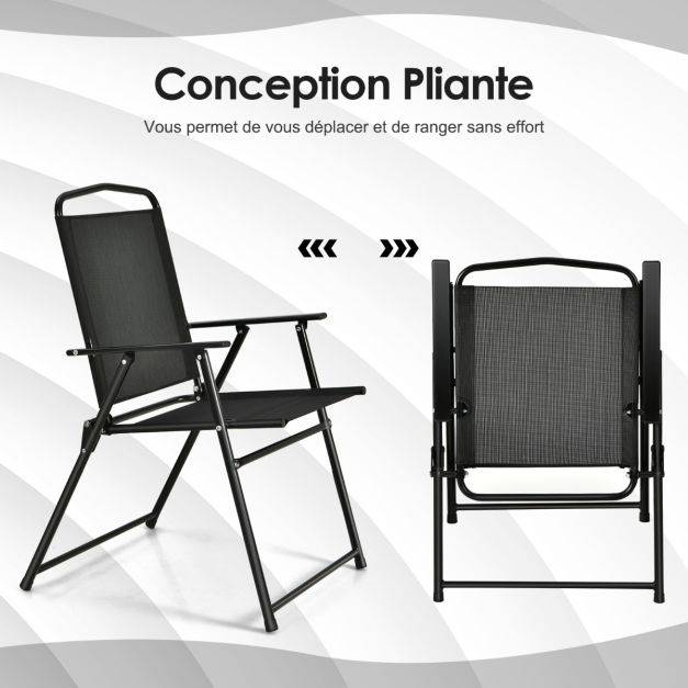 Ensemble salon de jardin 6 pcs 4 chaises pliantes table basse en verre et parasol pour terrasse piscine cour noir - Image 3