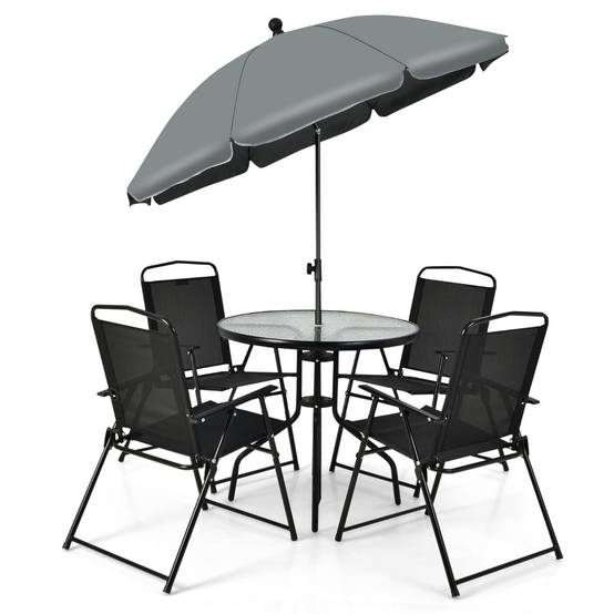 Ensemble salon de jardin 6 pcs 4 chaises pliantes table basse en verre et parasol pour terrasse piscine cour noir - Image 1