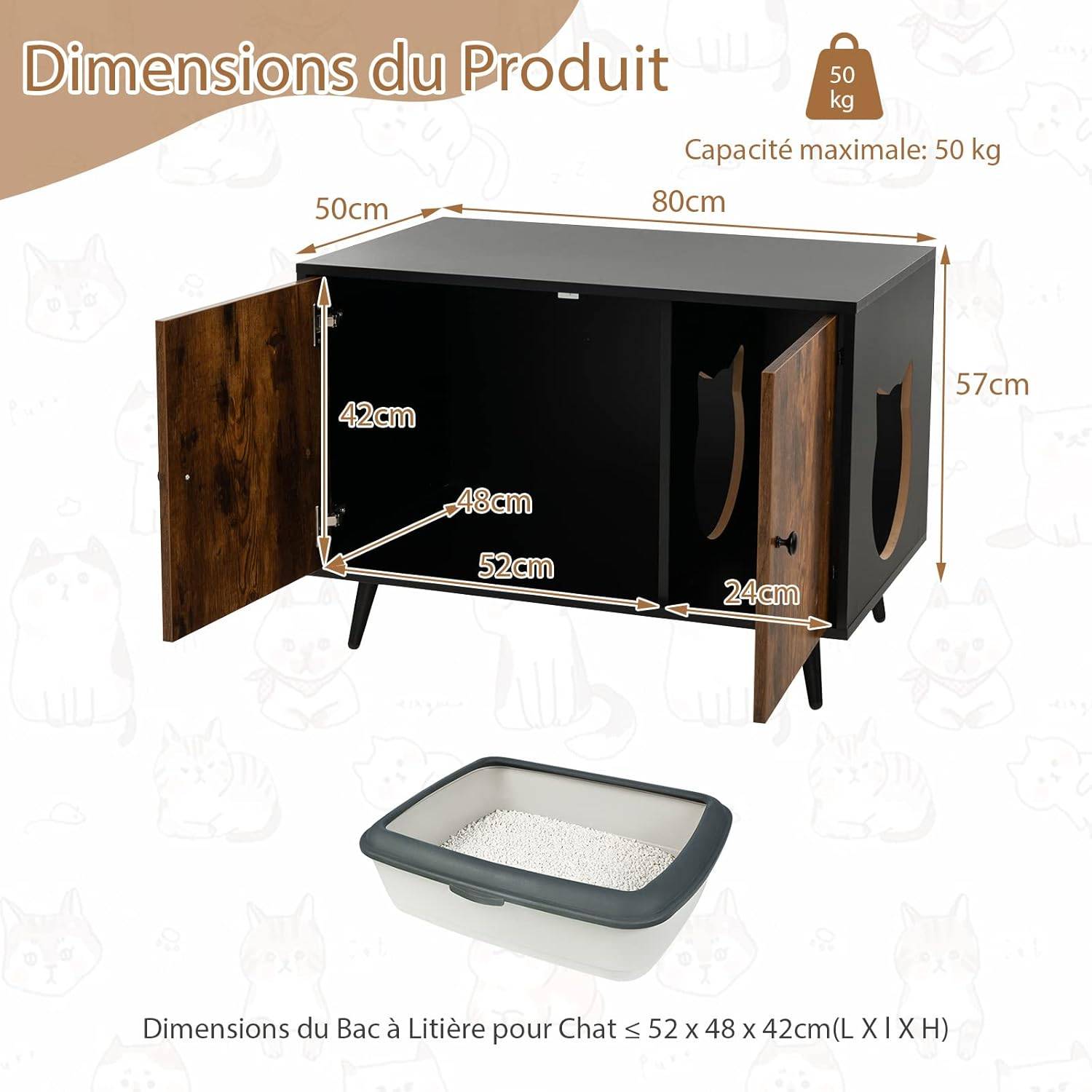 Maison de Toilette pour Chat à Double Portes, 80x50x57cm - Image 5
