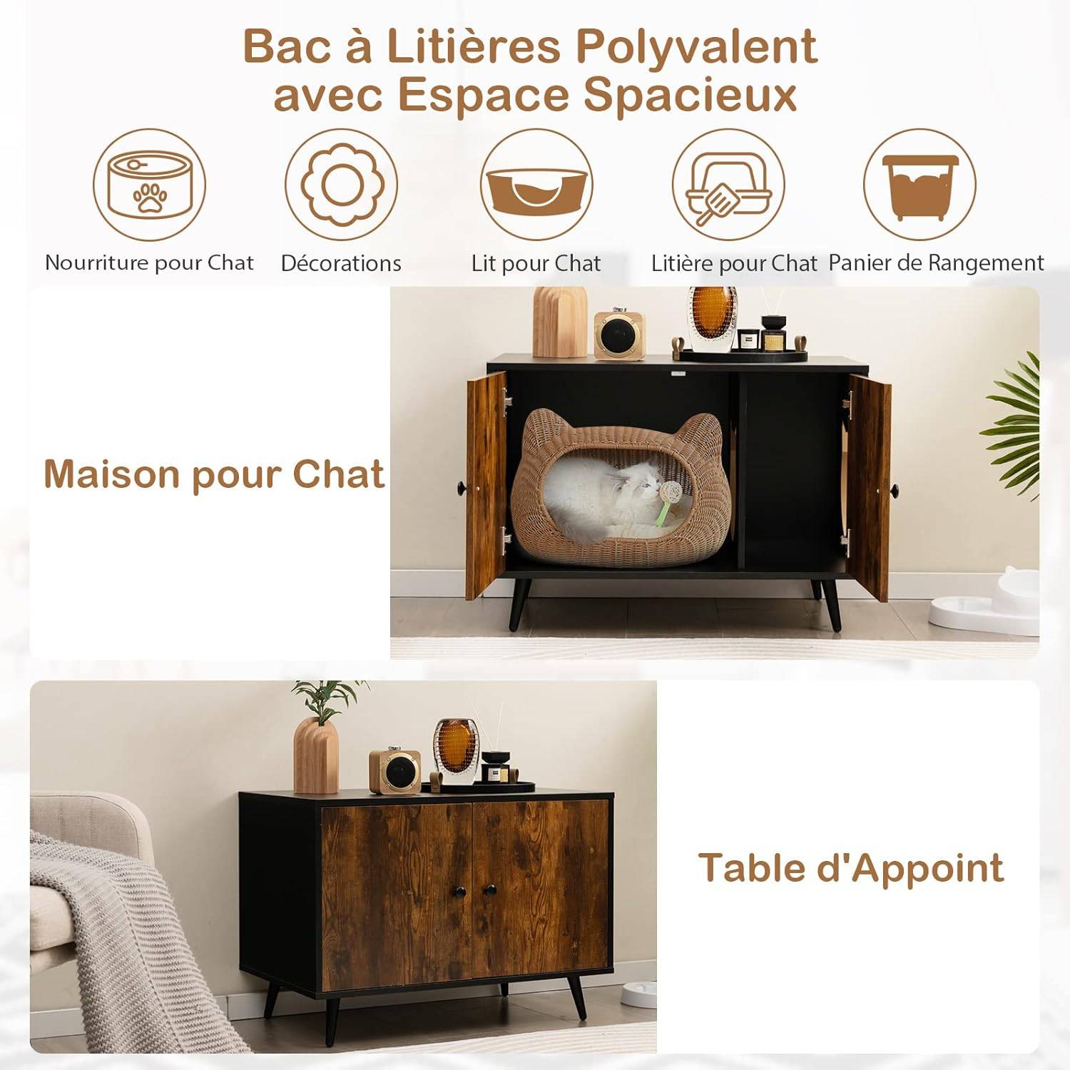 Maison de Toilette pour Chat à Double Portes, 80x50x57cm - Image 2
