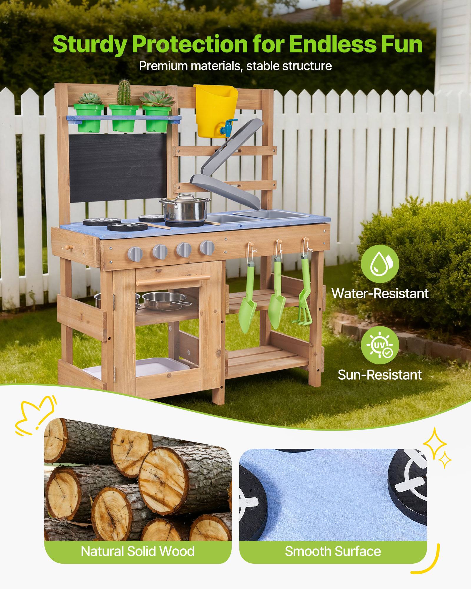 Vevor - VEVOR Cuisine à boue 76,2 cm en sapin, jeu d'extérieur pour enfants 3+, 2 éviers, réchauds, pots, pelles, casseroles et accessoires - Image 3