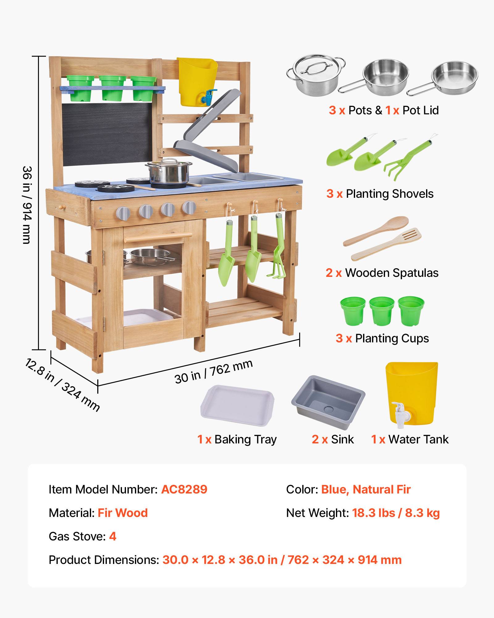 Vevor - VEVOR Cuisine à boue 76,2 cm en sapin, jeu d'extérieur pour enfants 3+, 2 éviers, réchauds, pots, pelles, casseroles et accessoires - Image 6