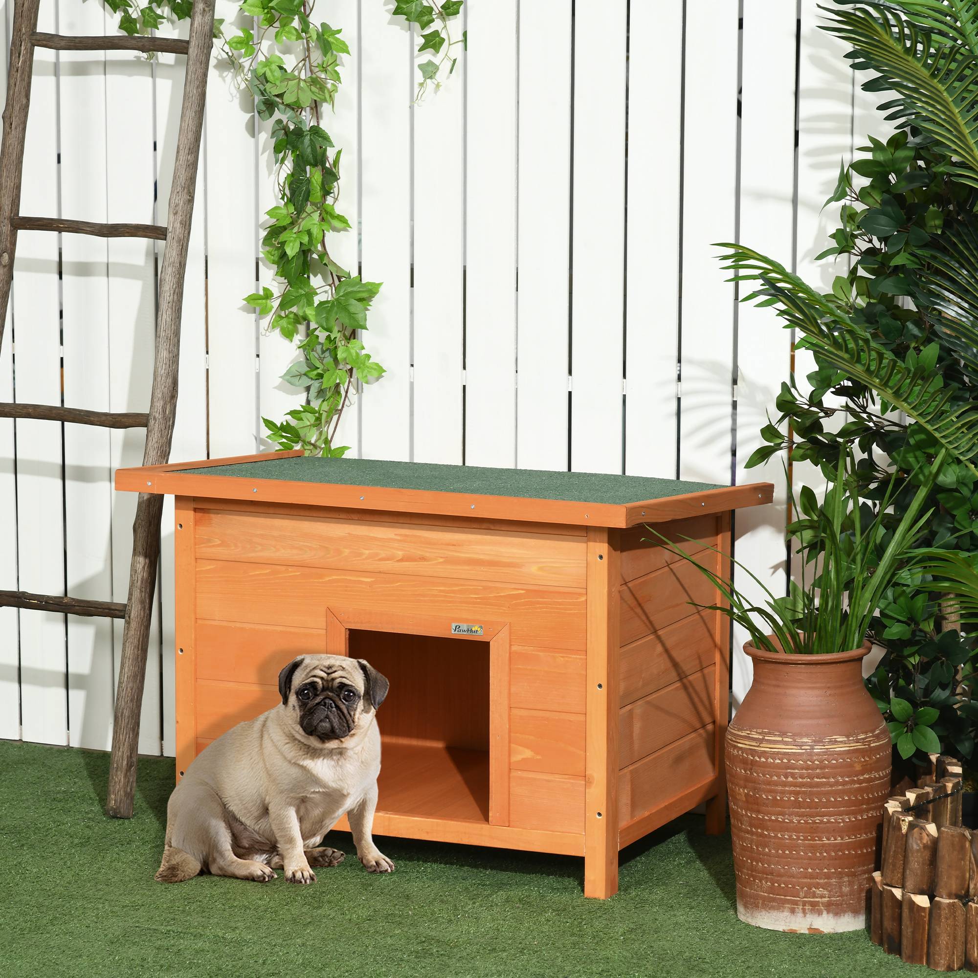 Niche pour chien chat en bois sur pied chenil toit ouvrant bitumé pin massif pré-huilé 85 x 58 x 58 cm - Image 3