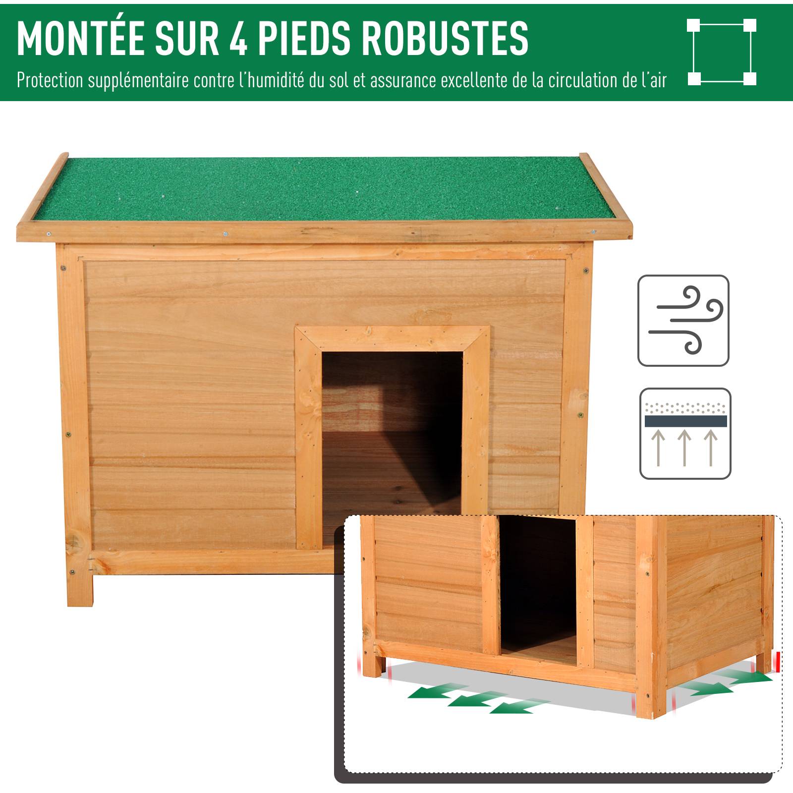 Niche pour chien chat en bois sur pied chenil toit ouvrant bitumé pin massif pré-huilé 85 x 58 x 58 cm - Image 7