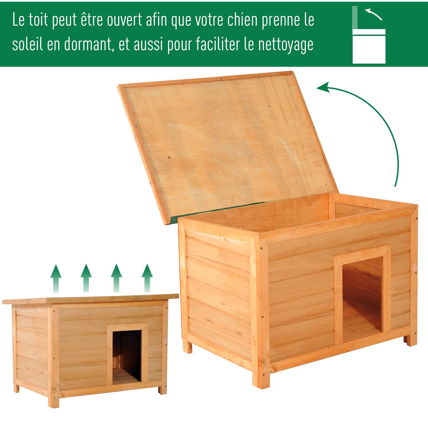 Niche pour chien chat en bois sur pied chenil toit ouvrant bitumé pin massif pré-huilé 85 x 58 x 58 cm - Image 8