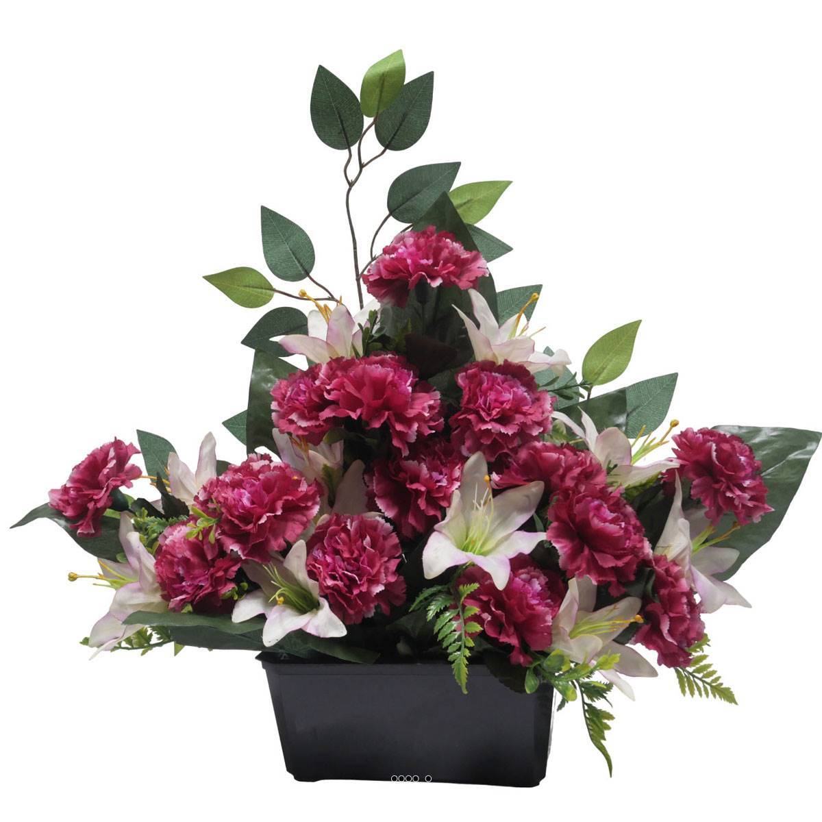 Artificielles - Devant de tombe d'oeillet, Lys et ficus Pourpre artificiels pour la Toussaint - couleur: Pourpre - Image 1