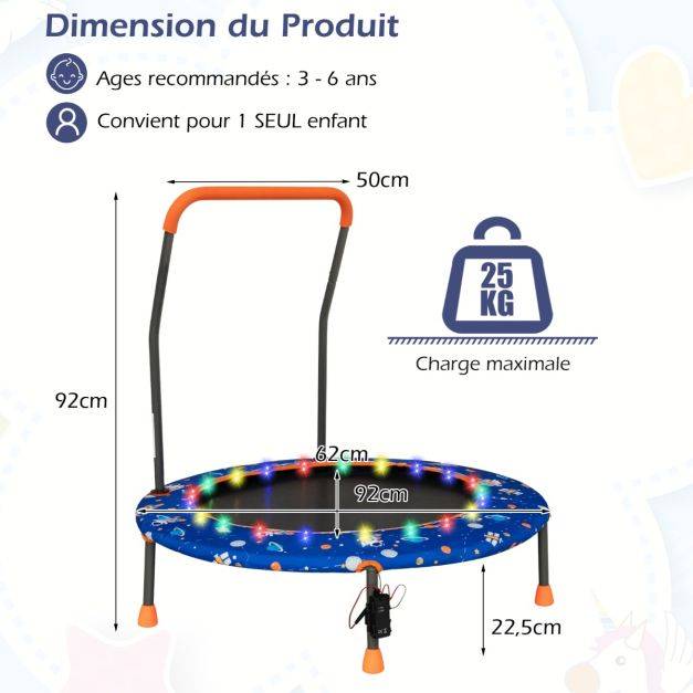 Helloshop26 - Trampoline pour enfants diamètre 92cm lumineux avec poignée amovible charge 25 kg pour sports de saut intérieur extérieur bleu - Image 4