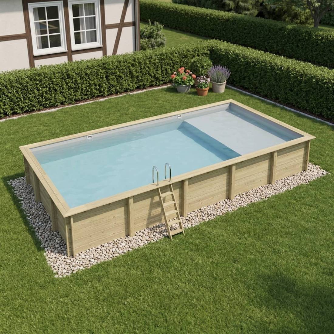 Altanka - Piscine hors sol en bois AQUA 10.2 x 5.2 - H.1.45 m avec plage, gris clair, fixations à sceller - BAS7310OSPI2+PLA310 - ALTANKA