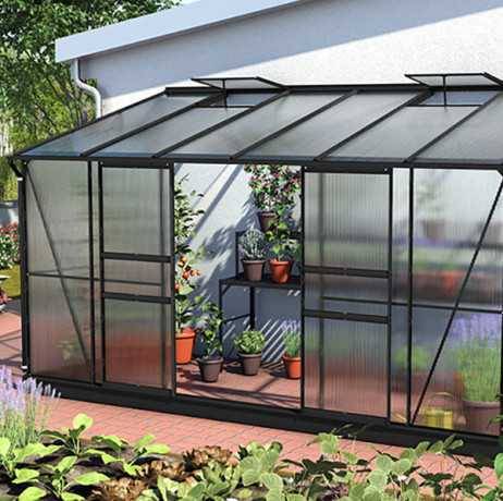 Vitavia - Serre adossée IDA 7800 - 7,8 m² en polycarbonate avec porte coulissante & lucarnes, Couleur Vert, Polycarbonate 4 mm - Image 5