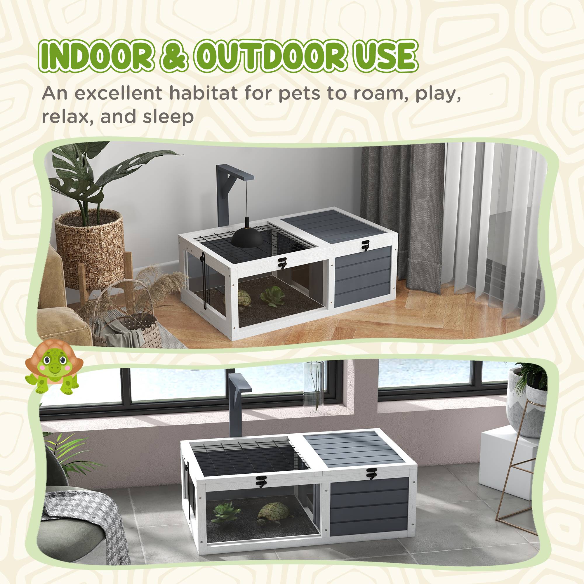 Maison enclos cage pour petit animal tortue avec 2 espaces support de lampe 81 x 48 x 31,5 cm gris - Image 10