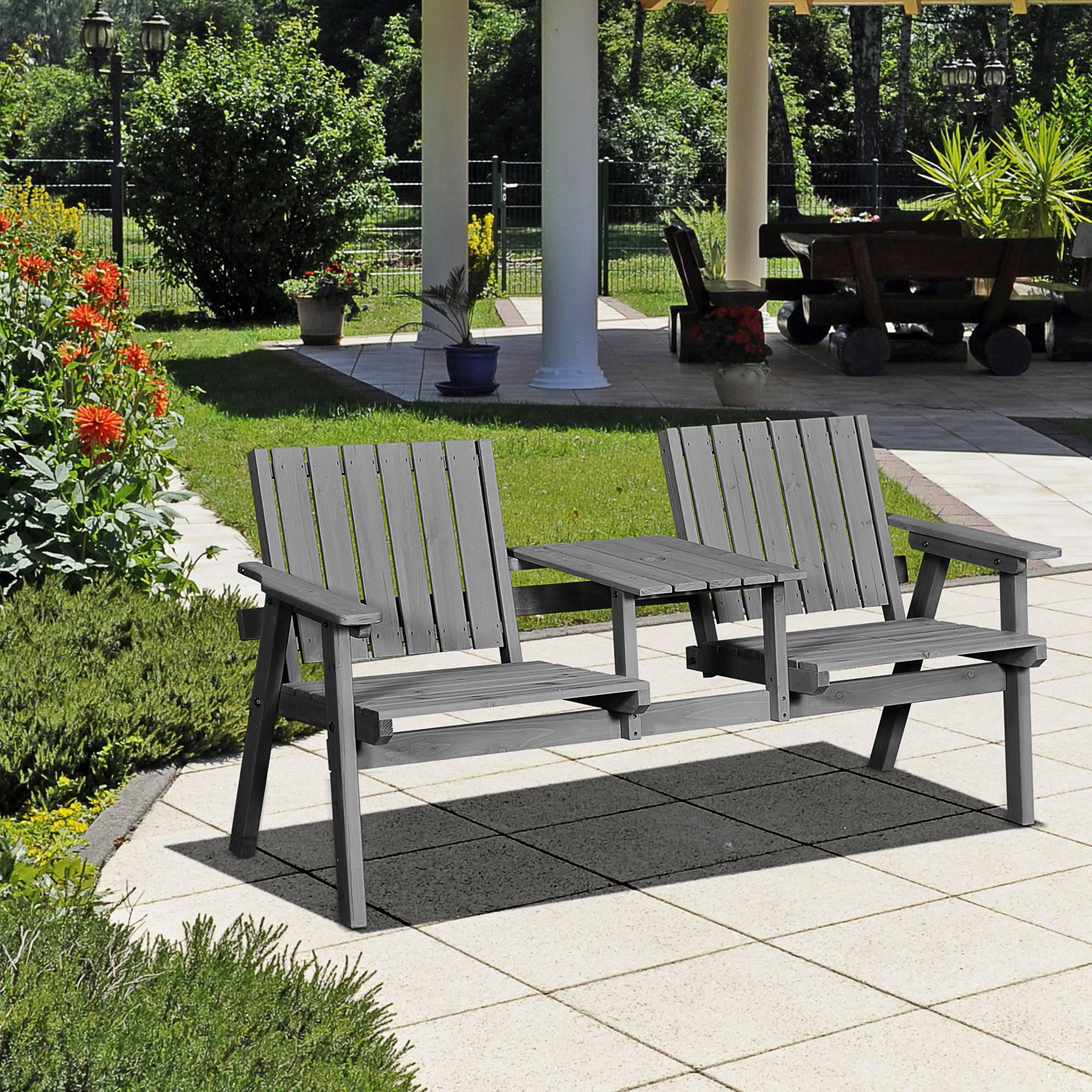 Banc de jardin avec table, ensemble de sièges, mobilier de jardin, avec trou pour parasol, banc, 2 chaises, bois massif, gris, 152 x 70 x 83 cm - Image 3