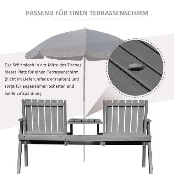 Banc de jardin avec table, ensemble de sièges, mobilier de jardin, avec trou pour parasol, banc, 2 chaises, bois massif, gris, 152 x 70 x 83 cm - Image 7