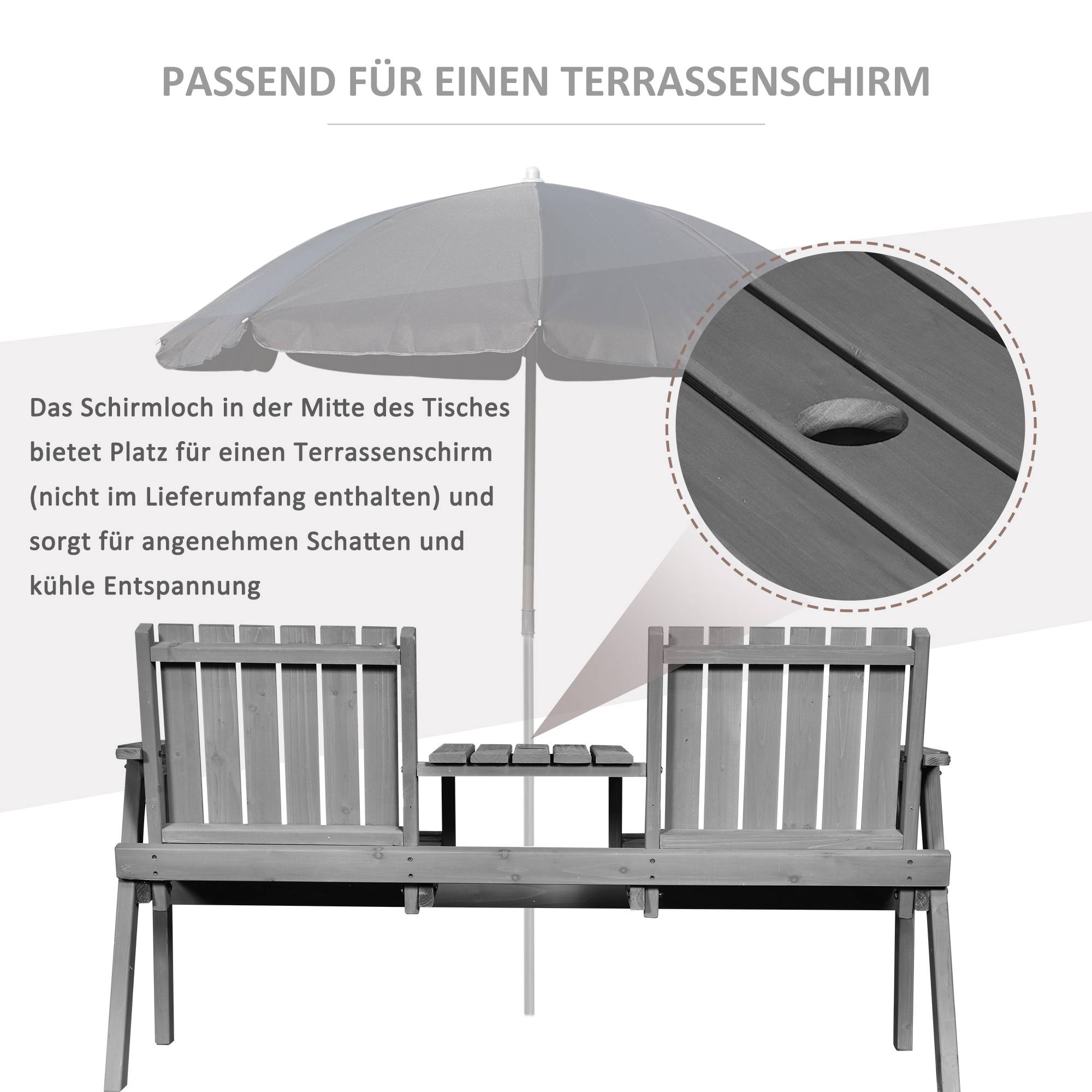 Banc de jardin avec table, ensemble de sièges, mobilier de jardin, avec trou pour parasol, banc, 2 chaises, bois massif, gris, 152 x 70 x 83 cm - Image 7