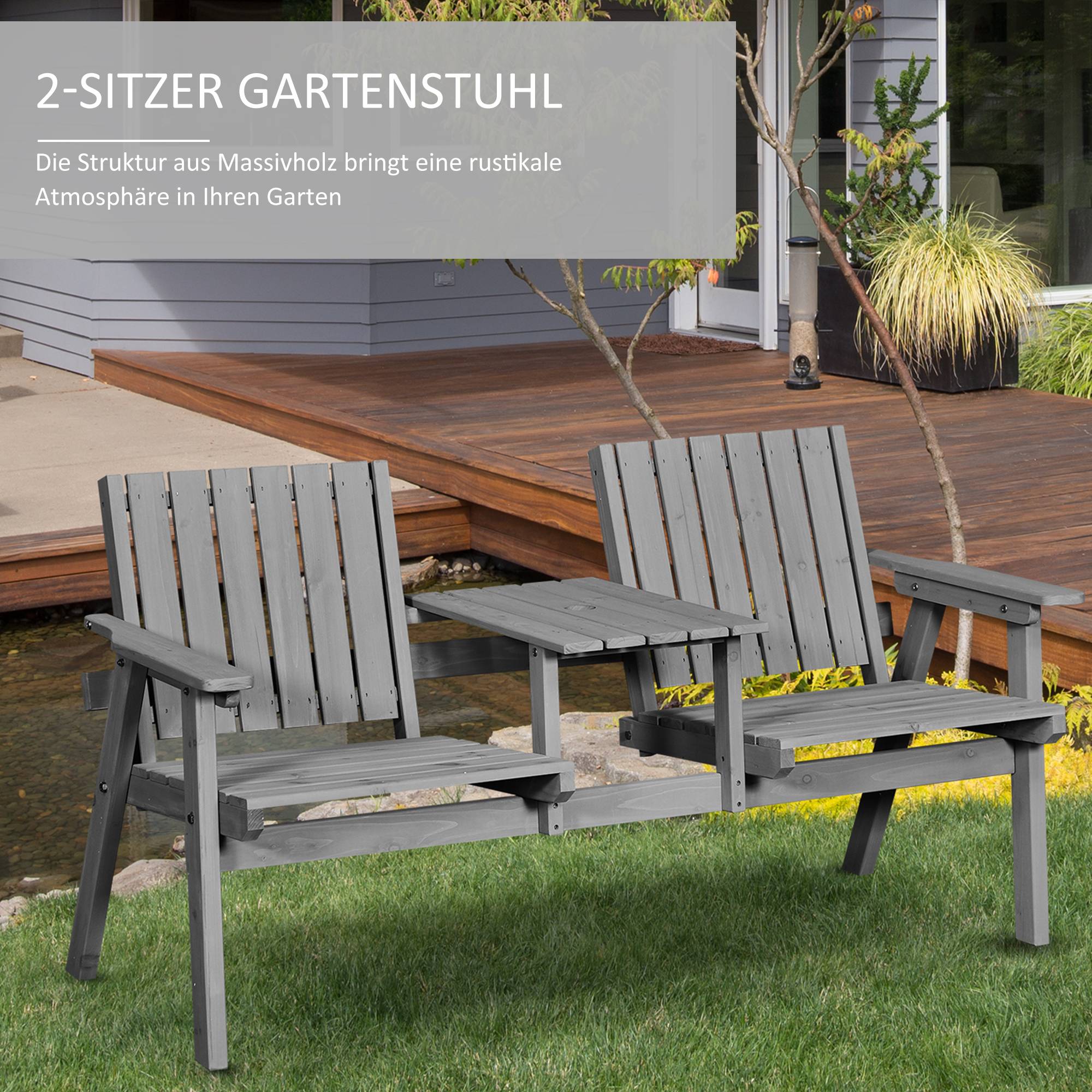 Banc de jardin avec table, ensemble de sièges, mobilier de jardin, avec trou pour parasol, banc, 2 chaises, bois massif, gris, 152 x 70 x 83 cm - Image 6