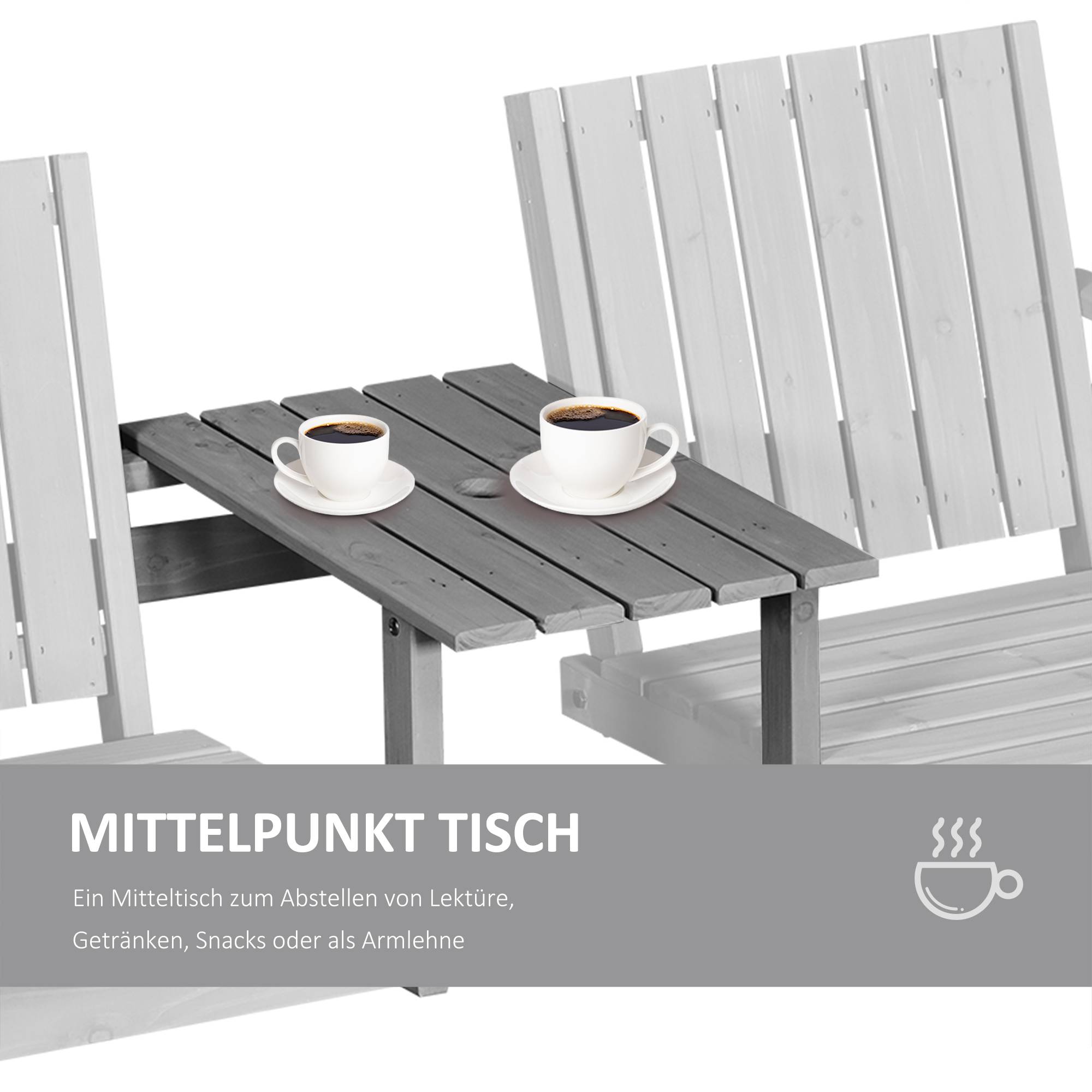 Banc de jardin avec table, ensemble de sièges, mobilier de jardin, avec trou pour parasol, banc, 2 chaises, bois massif, gris, 152 x 70 x 83 cm - Image 8