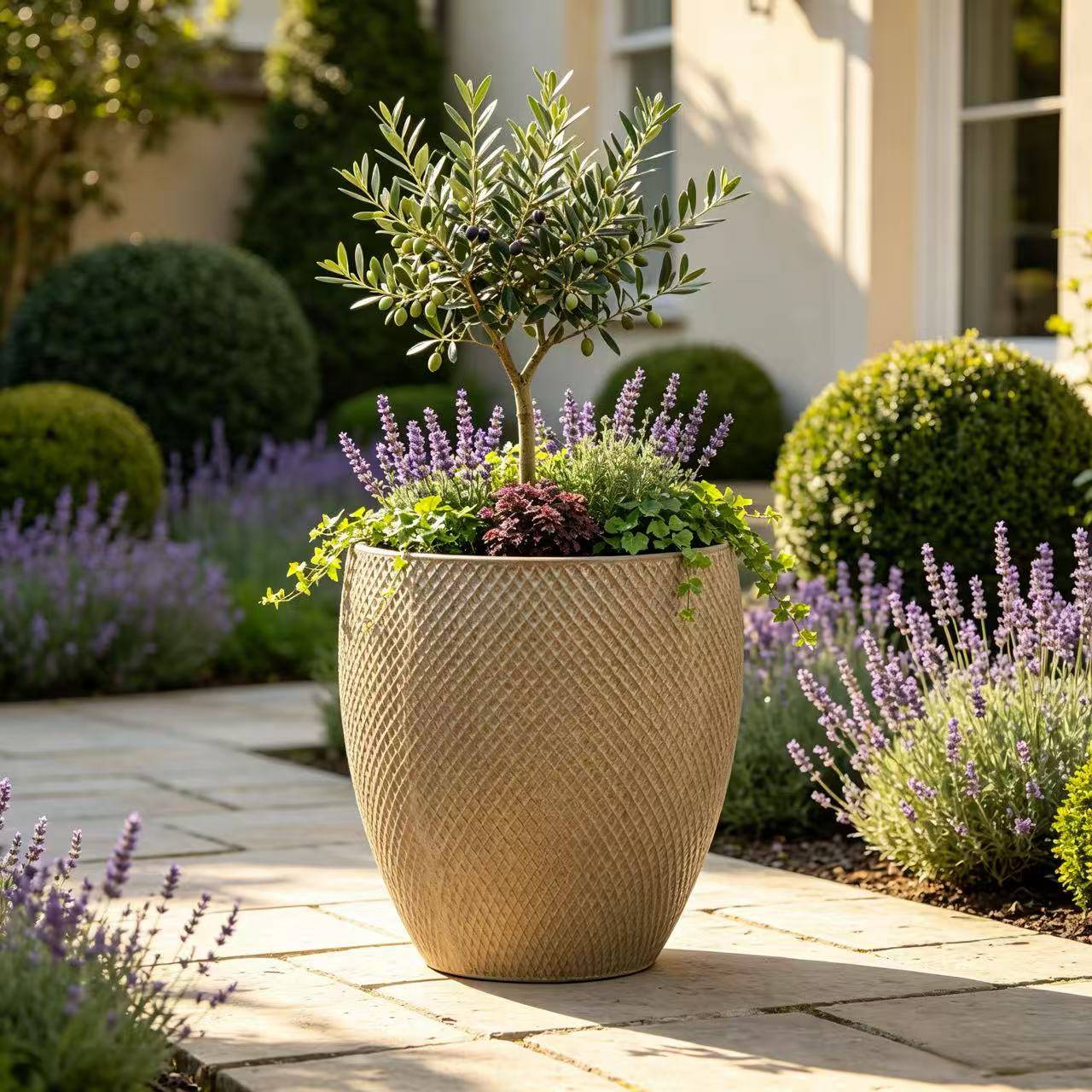 ComfortXL - Grand pot de fleurs céramique Ø46 x H53 cm beige crème jardin terrasse drainage - ComfortXL Outdoor Living - Image 1