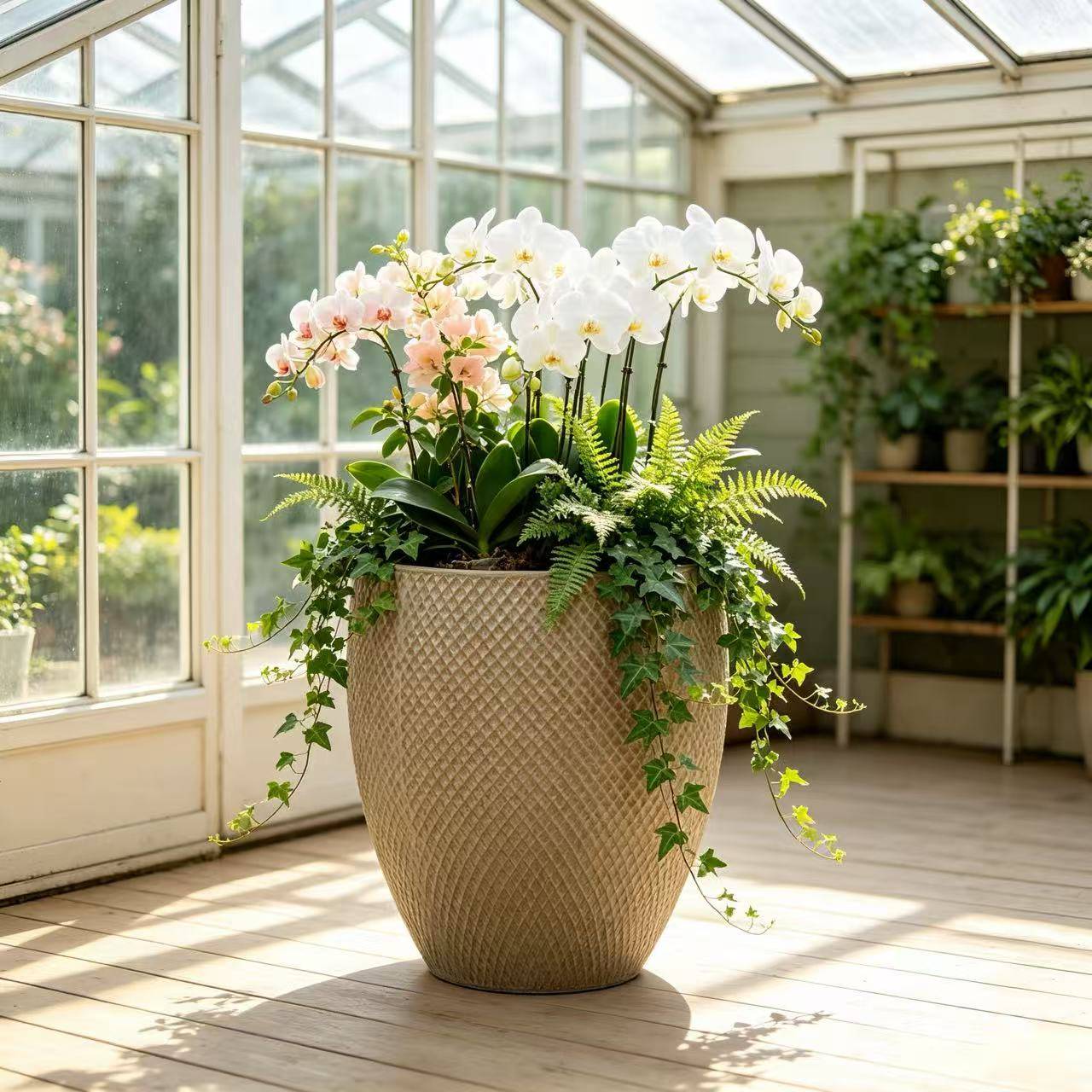 ComfortXL - Grand pot de fleurs céramique Ø46 x H53 cm beige crème jardin terrasse drainage - ComfortXL Outdoor Living - Image 4