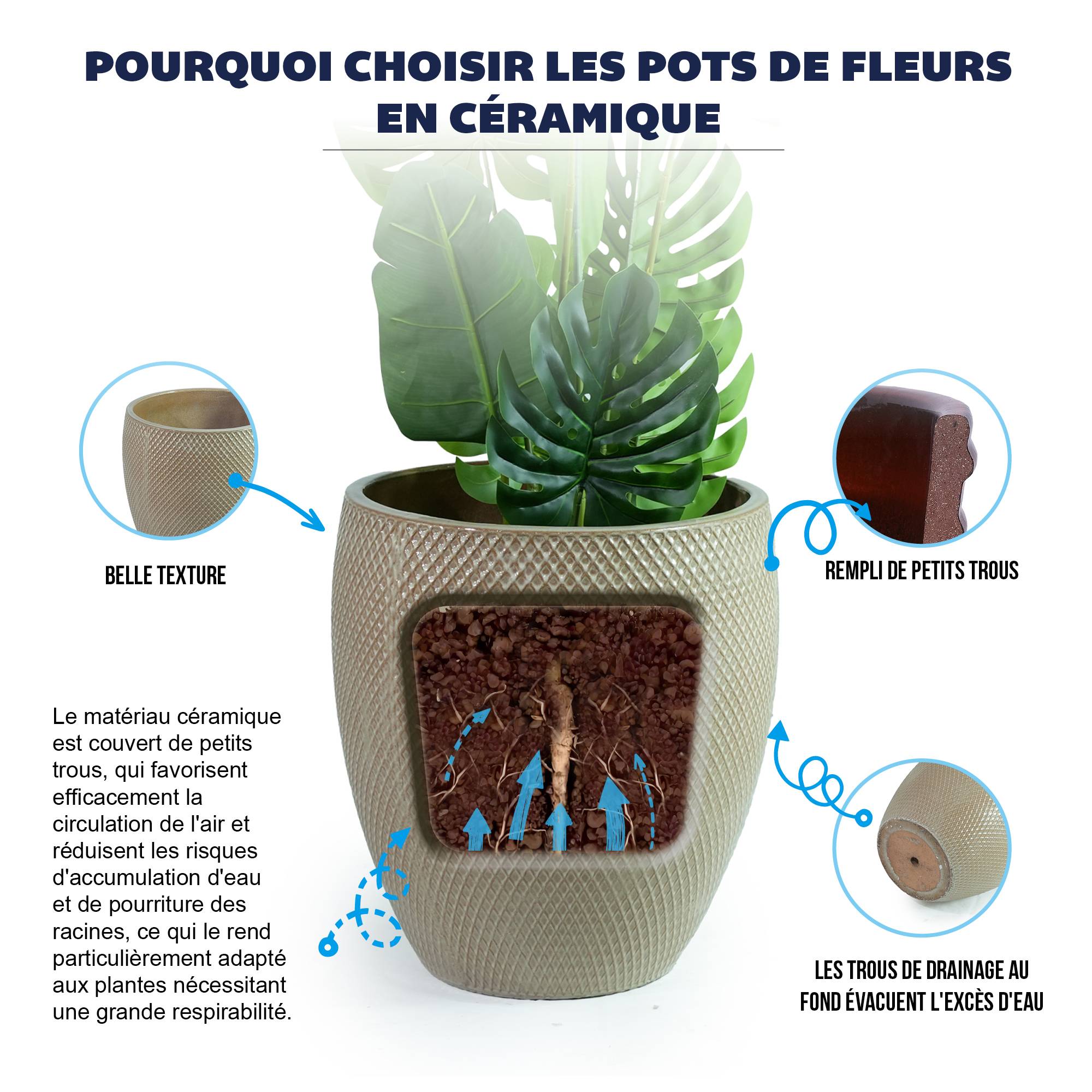 ComfortXL - Grand pot de fleurs céramique Ø46 x H53 cm beige crème jardin terrasse drainage - ComfortXL Outdoor Living - Image 5