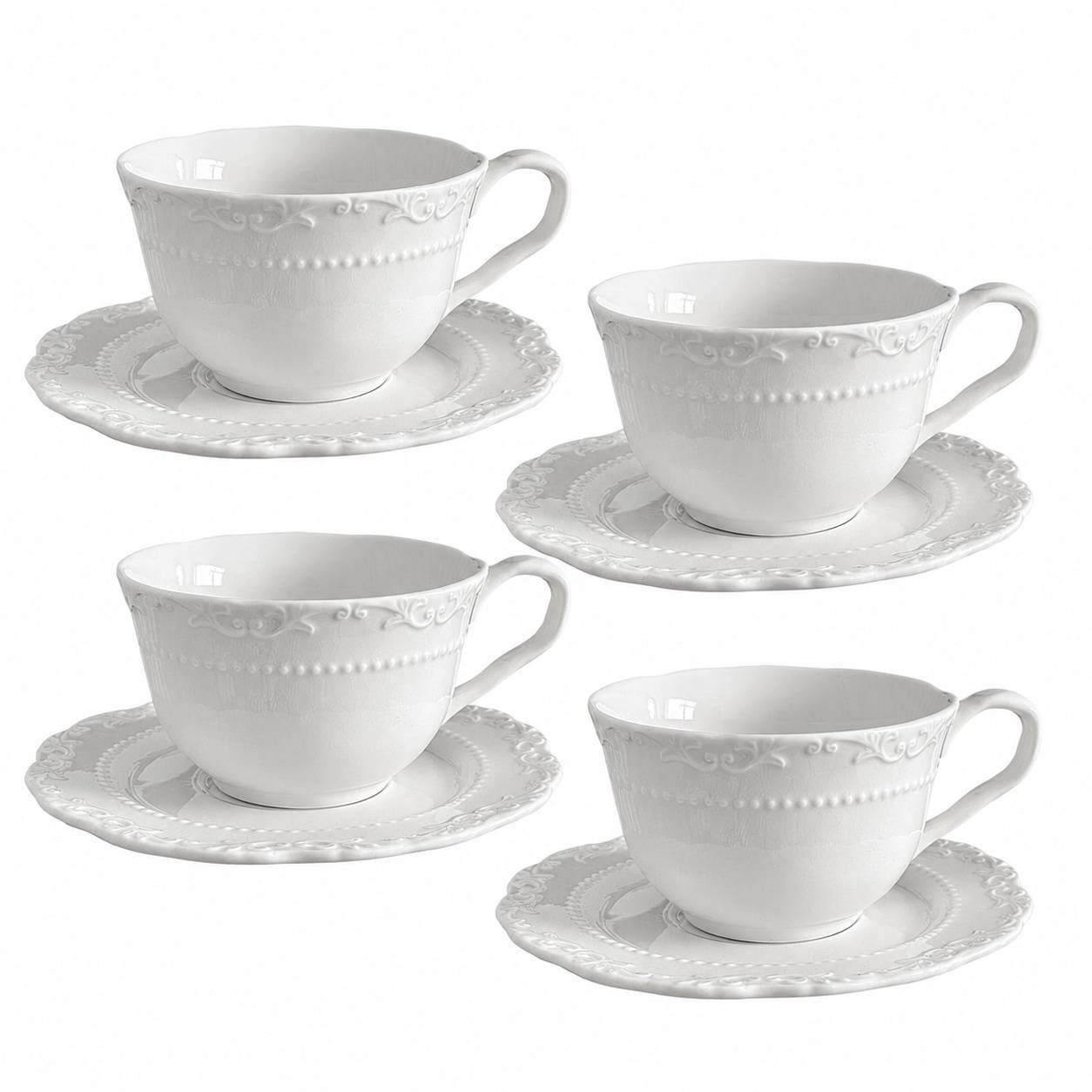 Tasse à Cappuccino en Céramique Blanche Motif Fleur Lot de 4 avec Sous Tasses