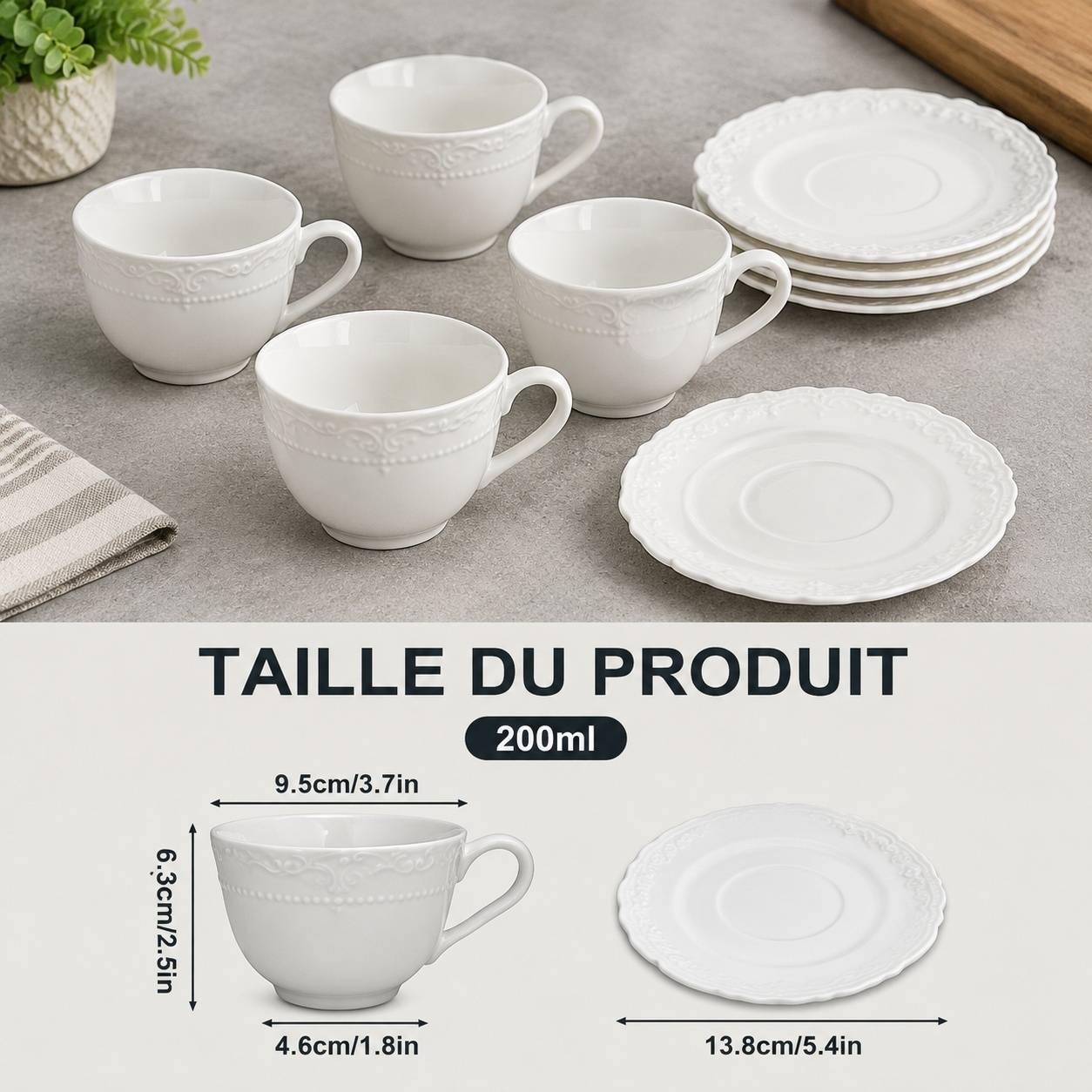 Tasse à Cappuccino en Céramique Blanche Motif Fleur Lot de 4 avec Sous Tasses - Image 5