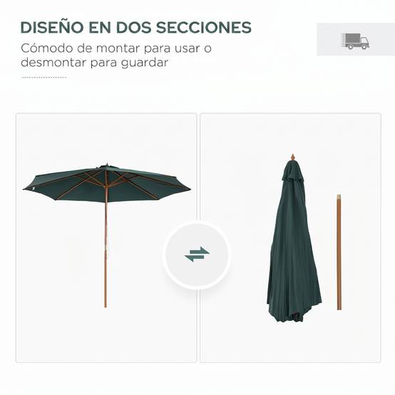 Parasol Ø300x250 cm avec mât en bois et système de poulie pour jardin, patio, terrasse, vert - Image 8