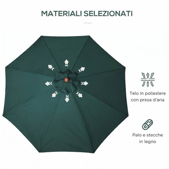 Parasol Ø300x250 cm avec mât en bois et système de poulie pour jardin, patio, terrasse, vert - Image 6