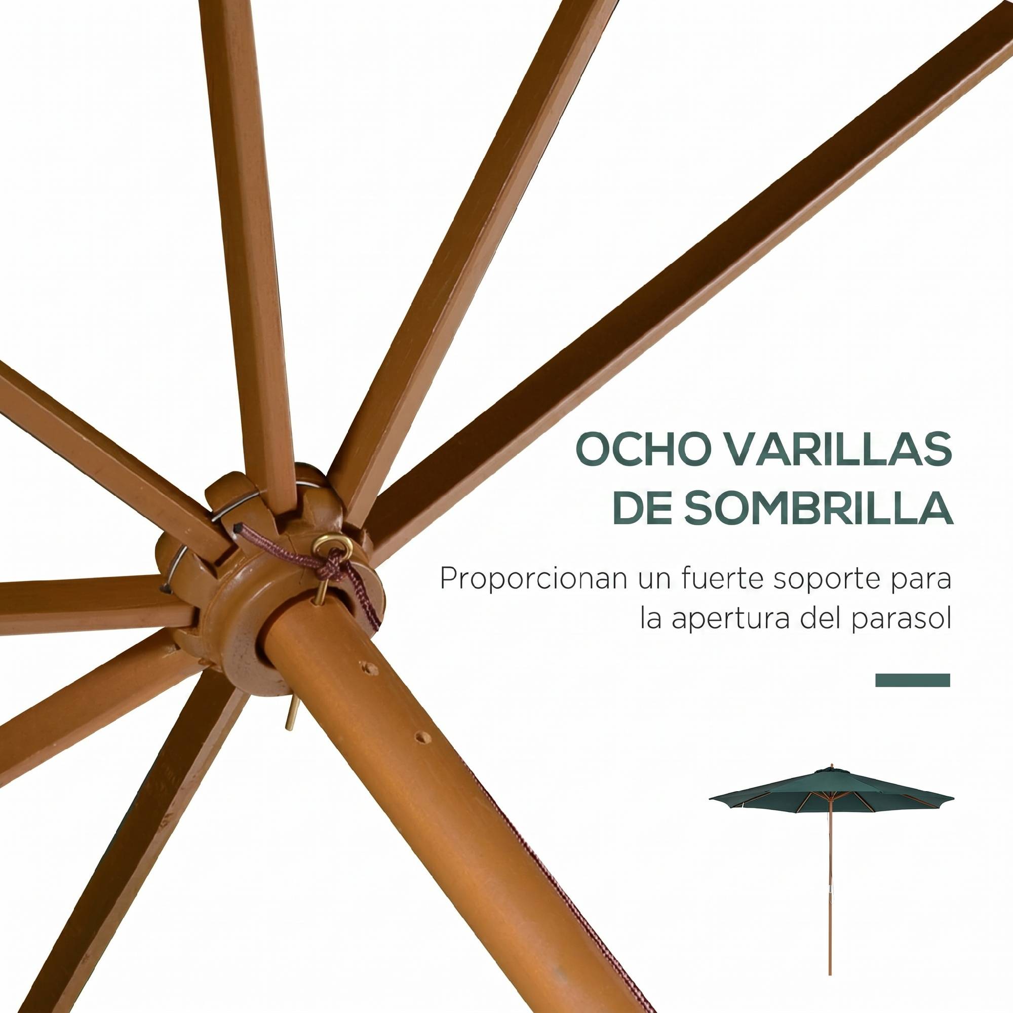 Parasol Ø300x250 cm avec mât en bois et système de poulie pour jardin, patio, terrasse, vert - Image 9