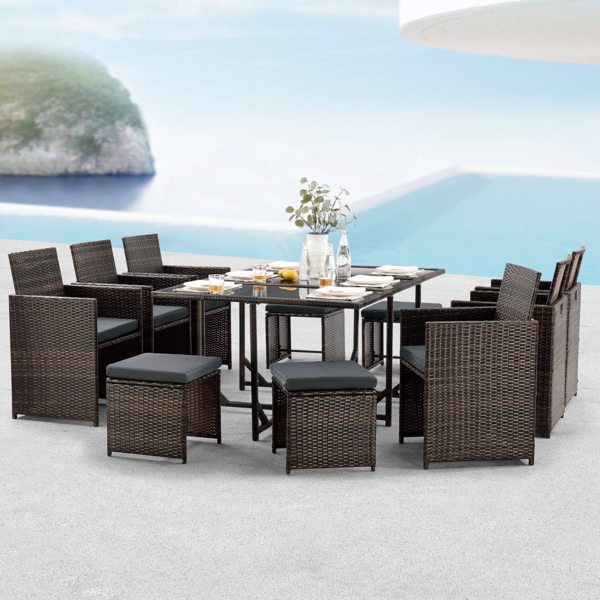 Salon de Jardin Laredo Acier Polyrotin Marron Chiné Coussins Gris Foncé [en.casa] - Image 2