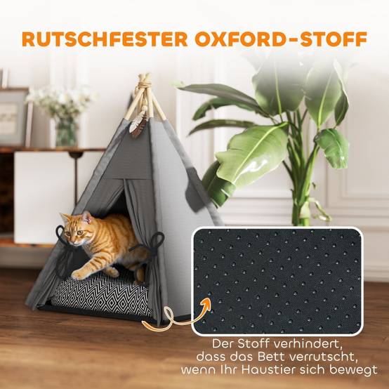 Lit Tipi Chat Petit Chien Bois Pin Coussin Lavable Antidérapant 60cm Gris - ComfortXL Pet Living - Image 7