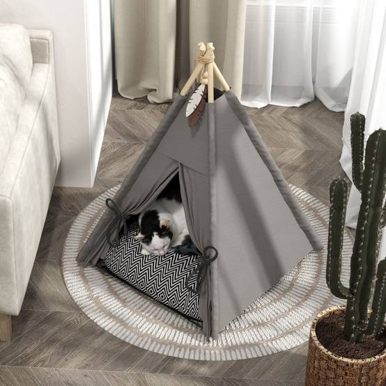 Lit Tipi Chat Petit Chien Bois Pin Coussin Lavable Antidérapant 60cm Gris - ComfortXL Pet Living - Image 8