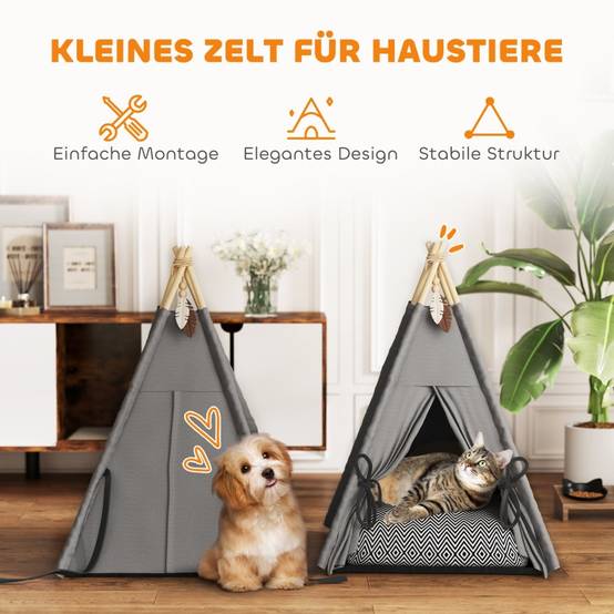 Lit Tipi Chat Petit Chien Bois Pin Coussin Lavable Antidérapant 60cm Gris - ComfortXL Pet Living - Image 6