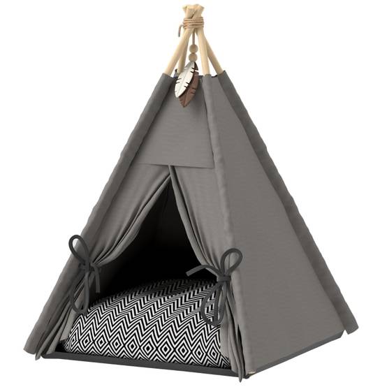 Lit Tipi Chat Petit Chien Bois Pin Coussin Lavable Antidérapant 60cm Gris - ComfortXL Pet Living - Image 2