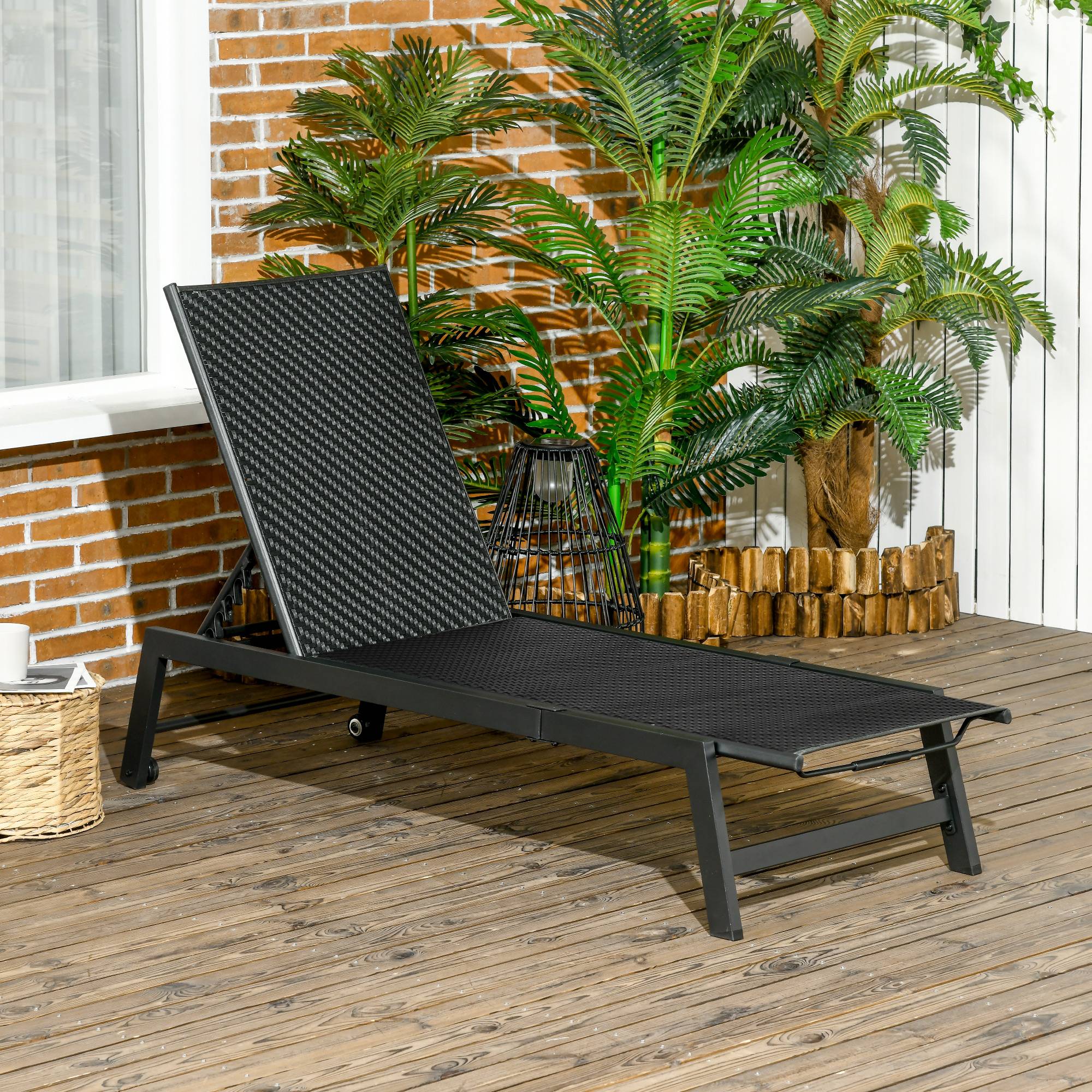 Outsunny - Bain de soleil transat grand confort - dossier inclinable 5 positions roulettes - châssis alu. résine tressée noire - Outsunny - Image 2